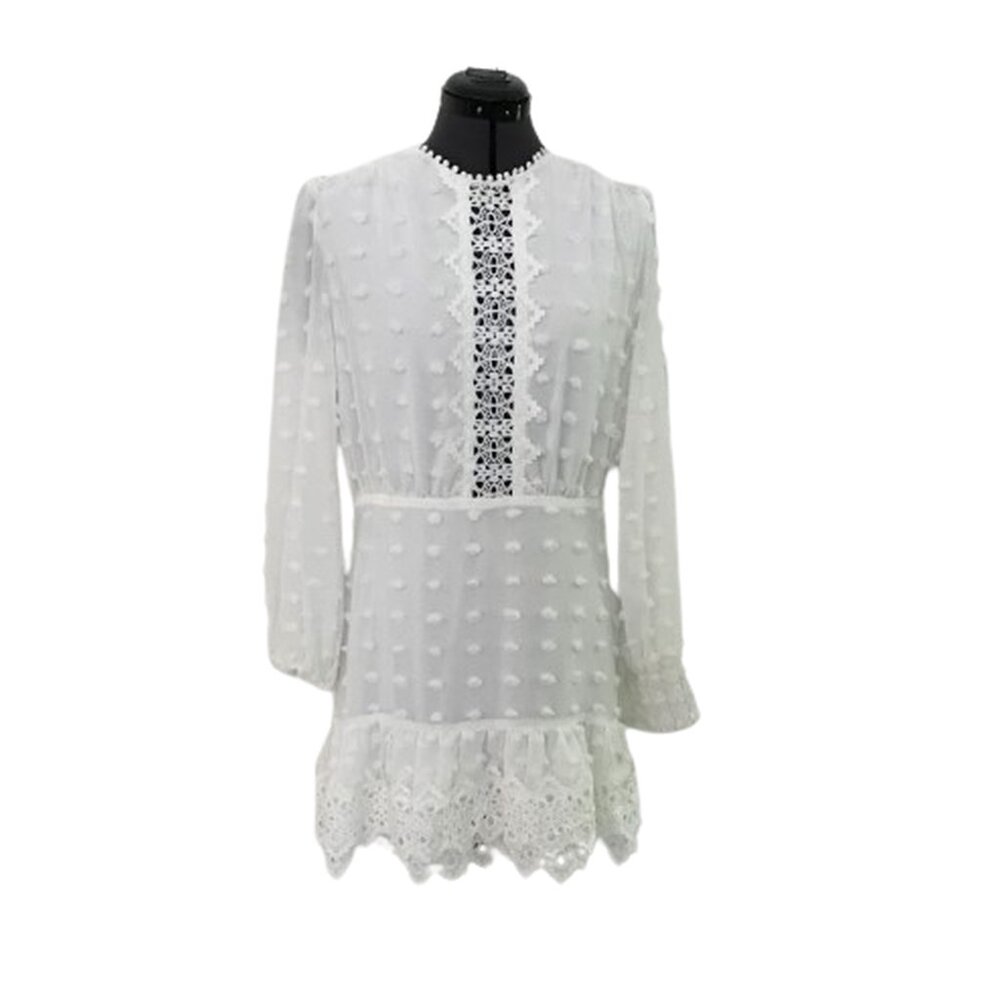 JUST ME Creamy White Pom Pom Short Dress Sheer Sleeves Ruffled, Size L